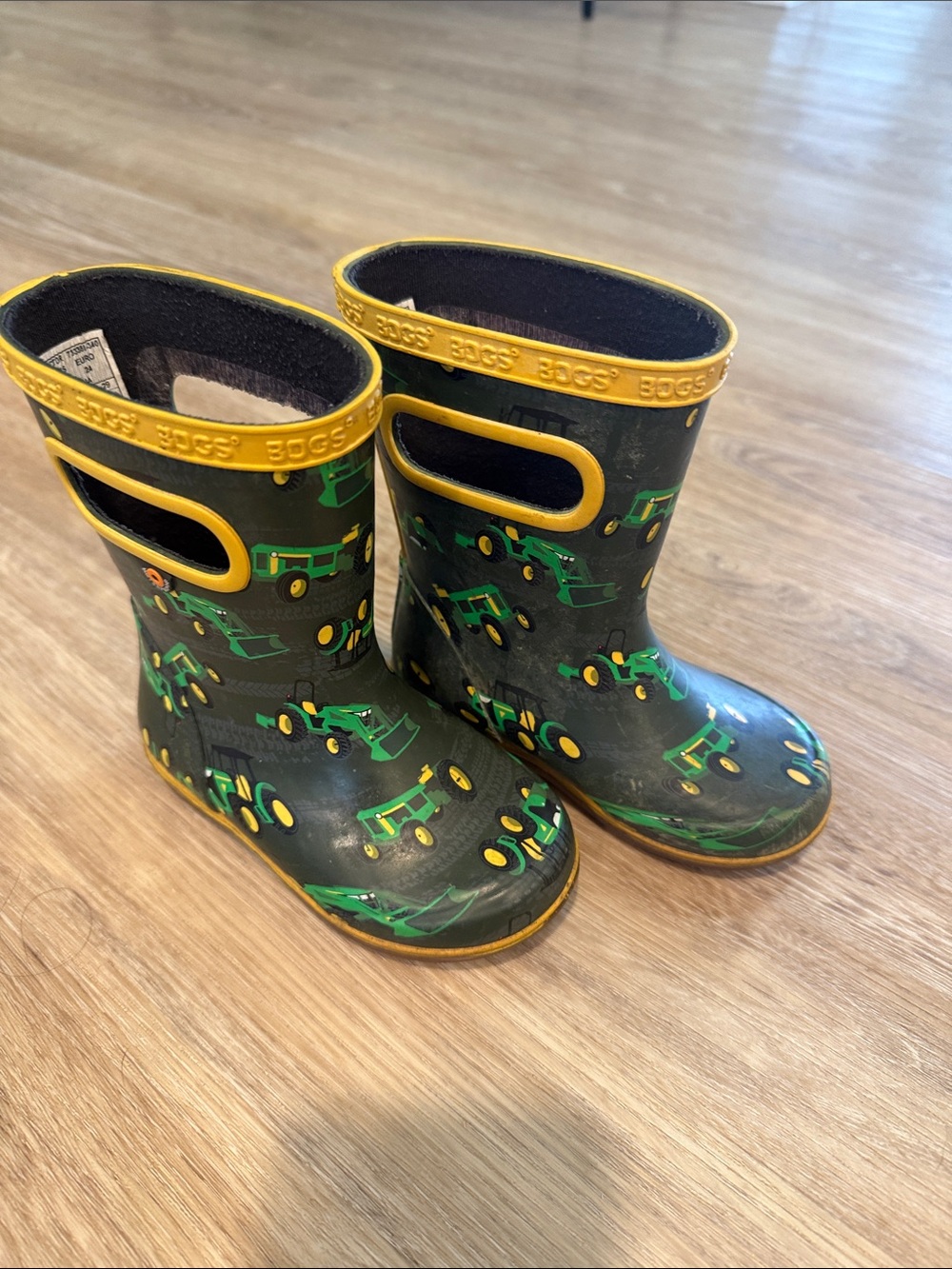 Bogs Kids Green Tractor Rain Boots with Yellow Trim